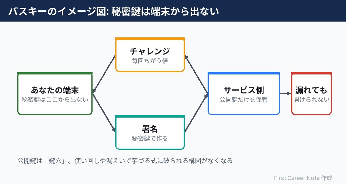 パスキーの仕組み:サーバーが持つのは鍵穴だけなので盗んでも開かない