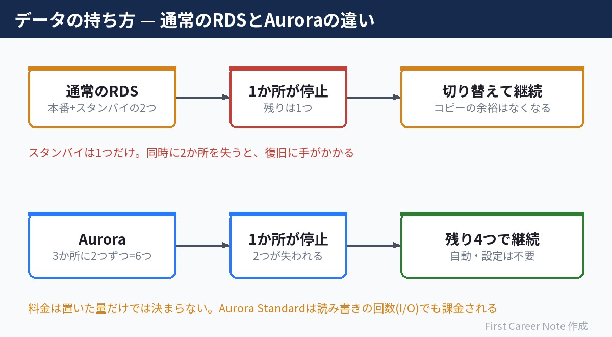 Auroraはデータを3つのアベイラビリティーゾーンに2つずつ、合計6コピー自動で持つ