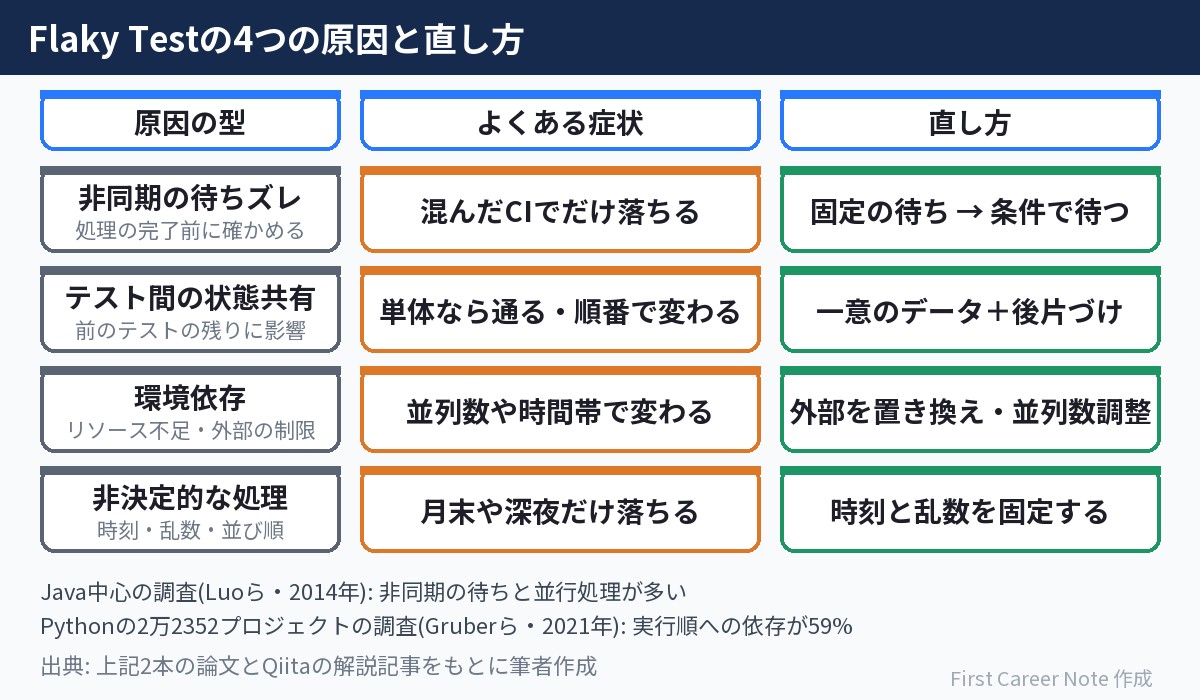 Flaky Testの4つの原因(非同期の待ちズレ・テスト間の状態共有・環境依存・非決定的な処理)ごとに、よくある症状と直し方を並べた図