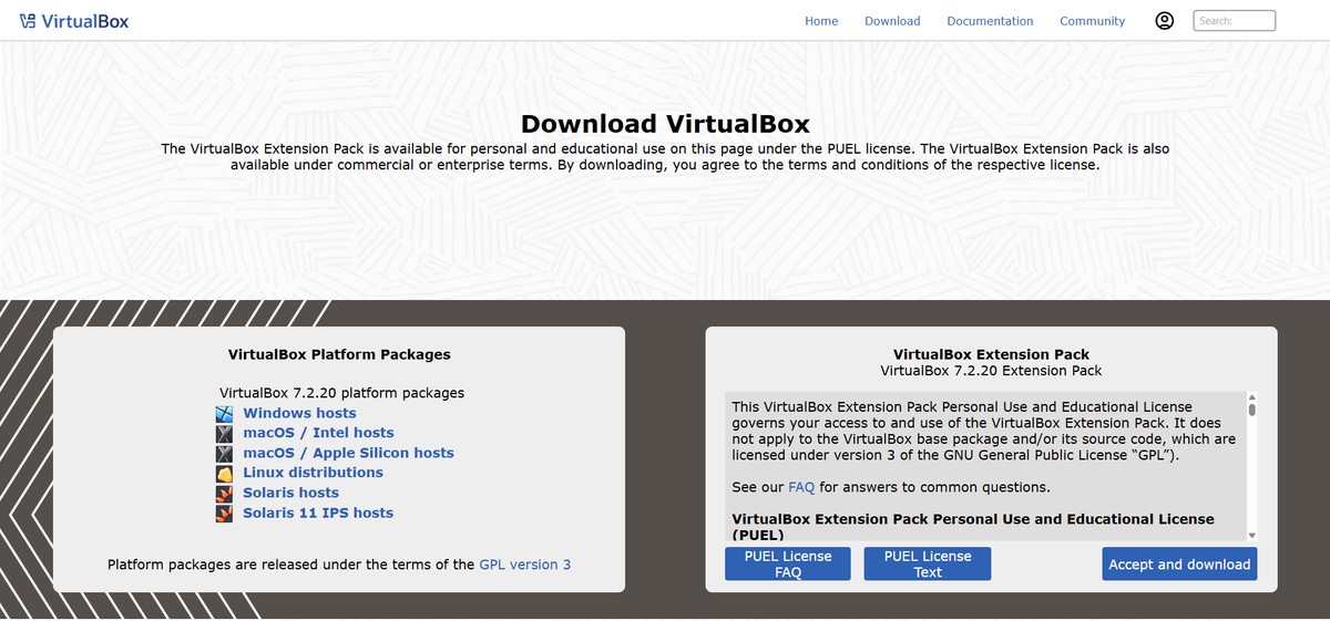 VirtualBox公式のダウンロードページ。左のVirtualBox Platform Packagesの欄に「VirtualBox 7.2.20 platform packages」と「Windows hosts」のリンク、右に別ライセンス（PUEL）のExtension Packの欄がある