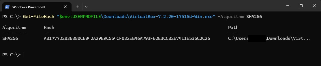 PowerShellでGet-FileHashを実行した画面。VirtualBox-7.2.20-175154-Win.exeのSHA256がA81777D2…2C26と表示されている（Pathのユーザー名は黒塗り）