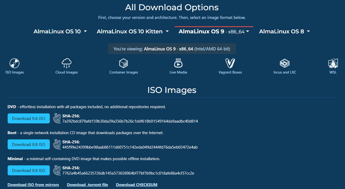 AlmaLinux公式のダウンロードページ。「You're viewing: AlmaLinux OS 9 · x86_64」と表示され、ISO ImagesのDVD・Boot・Minimalにそれぞれ「Download 9.8 ISO」ボタンとSHA-256の値が並ぶ。Minimalの値は7762a4b4…cc2e