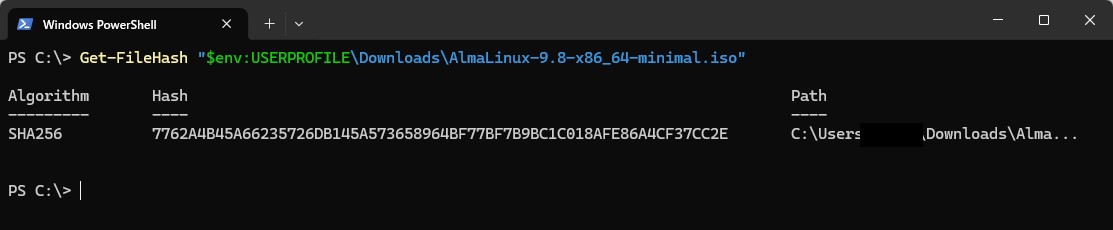 PowerShellでAlmaLinux-9.8-x86_64-minimal.isoにGet-FileHashを実行した画面。Hashは7762A4B4…CC2Eで、公式ページのMinimalの値と同じ（Pathのユーザー名は黒塗り）