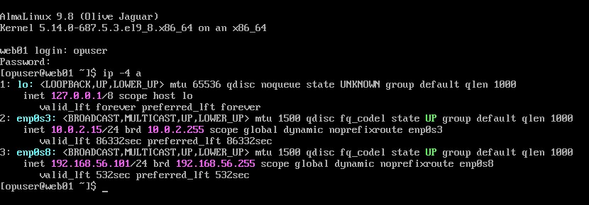 VMのコンソールでopuserとしてログインし、ip -4 aを実行した画面。loに127.0.0.1/8、enp0s3に10.0.2.15/24、enp0s8に192.168.56.101/24が表示され、どちらもscope global dynamic