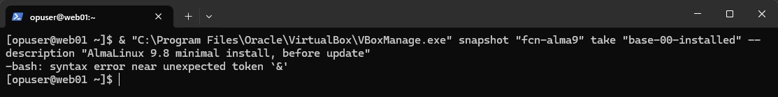 タブ名がopuser@web01:~のターミナルで、行頭が[opuser@web01 ~]$のままVBoxManage.exeのsnapshotコマンドを実行し、-bash: syntax error near unexpected token `&'と表示された画面