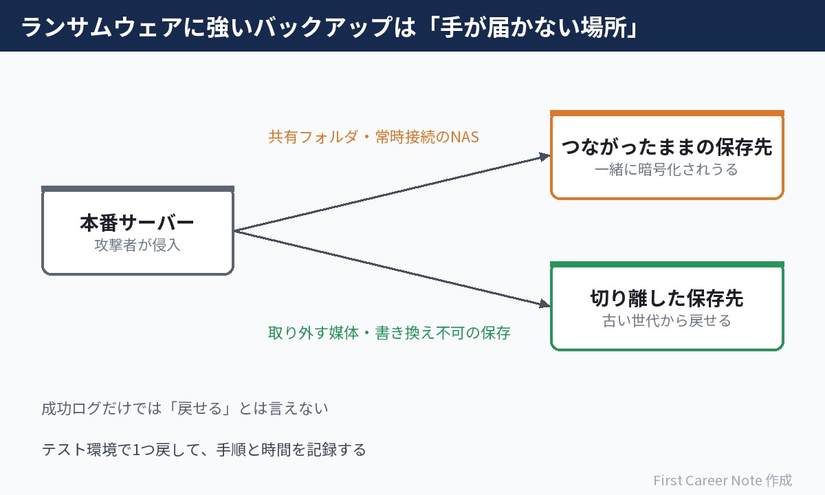 ランサムウェアに強いバックアップの図。本番サーバーから、共有フォルダや常時接続のNASなどつながったままの保存先は一緒に暗号化されうる。取り外す媒体や書き換え不可の保存など切り離した保存先なら古い世代から戻せる